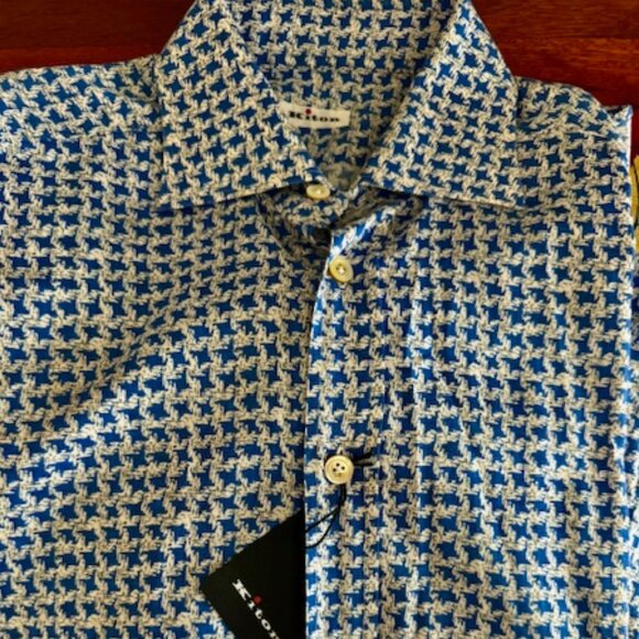Kiton Luxury Blue Houndstooth Pattern Cotton Dress/Sport Shirt Sz Large, RT $800 - Picture 6 of 13